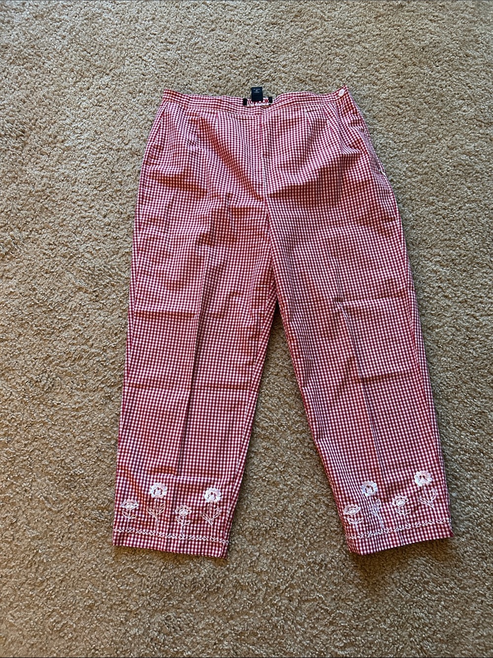 Red Gingham Embroidered Crop Trousers